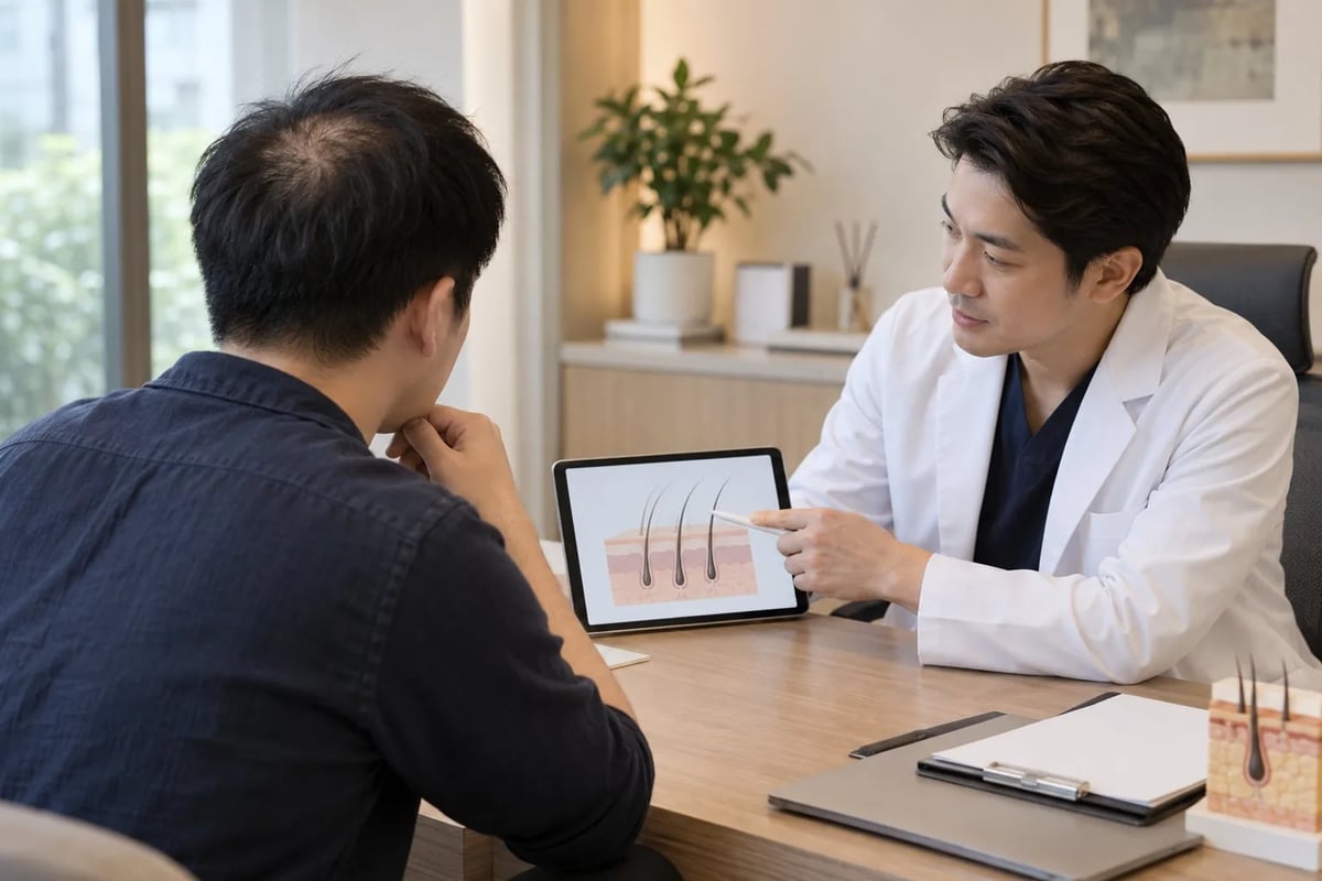 医師と患者が脱毛と一般的な健康リスクについて話すイメージ。毛髪の見た目は診断ではありません