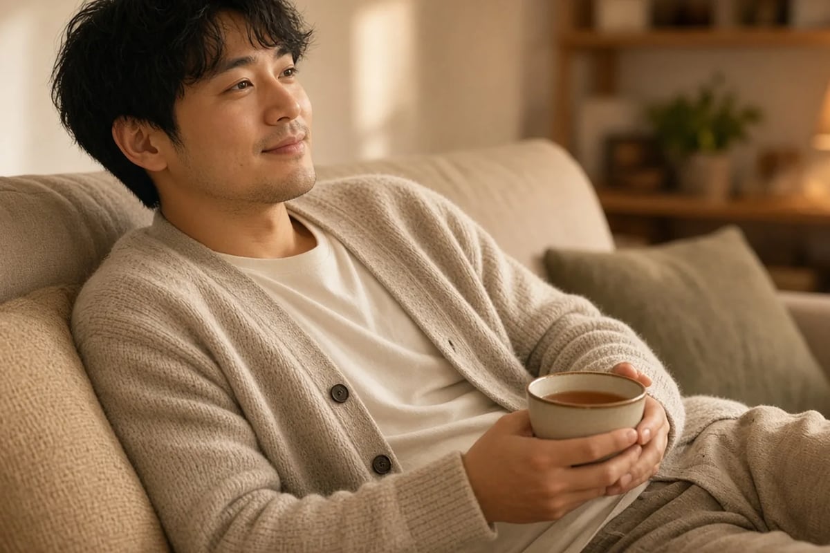 男性术后在家喝茶休息