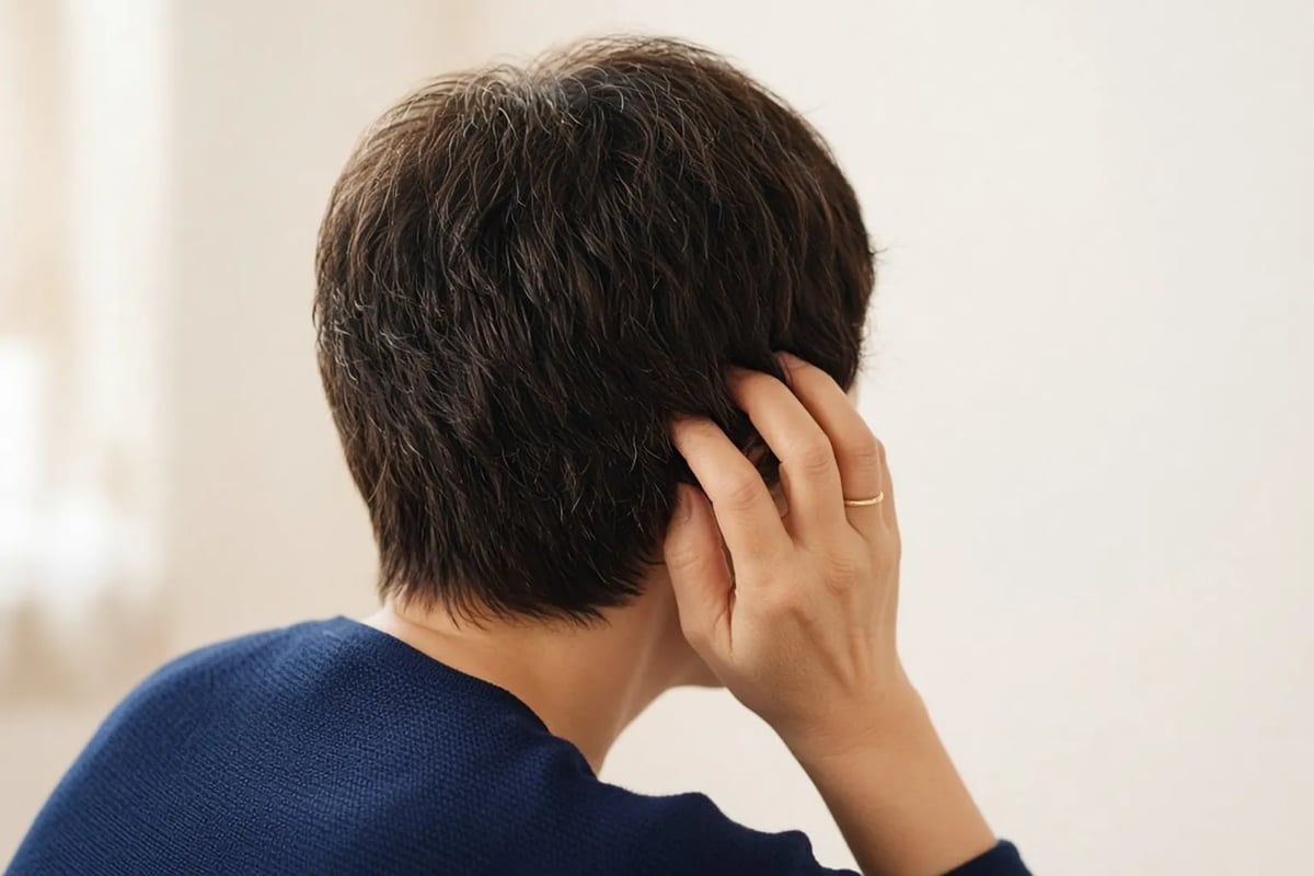 後ろ姿で、指先が後頭部に生えそろってきた短く密な髪に軽く触れている、化学療法後に髪が少しずつ戻ってくる様子のイメージ