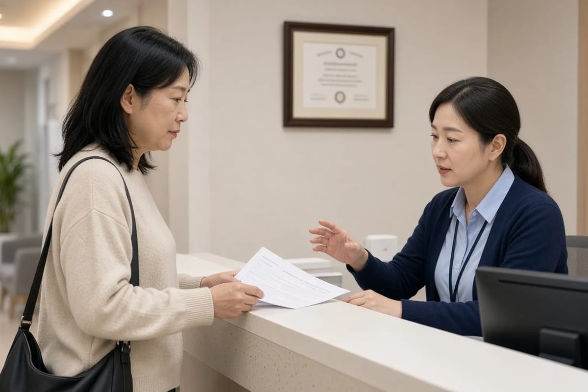 クリニックの受付で書類を読む女性と説明するスタッフ