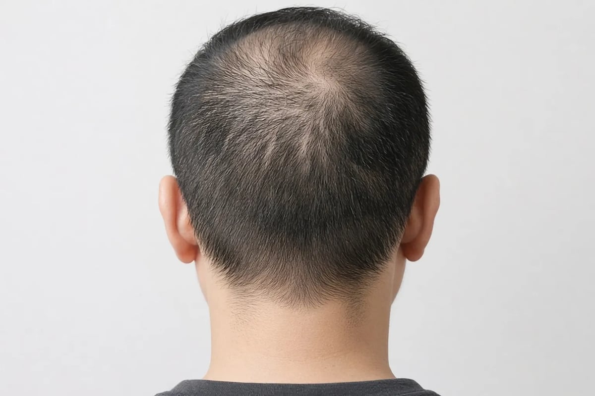 頭頂部と後頭部の髪がまばらに薄くなった男性の後ろ姿