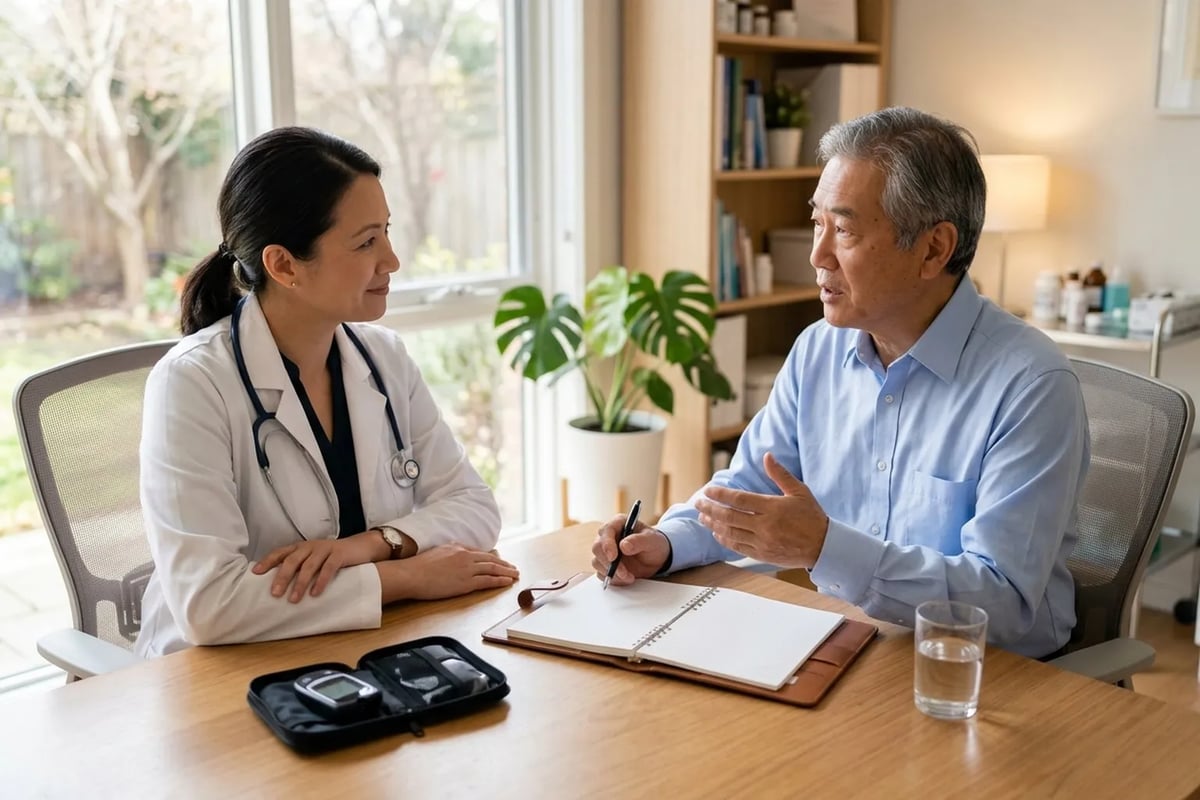Doctor and patient reviewing daily glucose logs and perioperative health plan during clinic consultation
