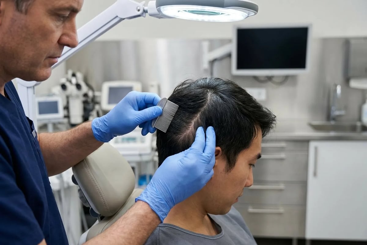 Doctor in medical gloves carefully examining donor scalp hair follicles and microvascular circulation