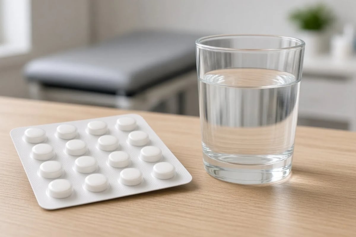 Blister pack of tablets and a glass of water on a clinic desk