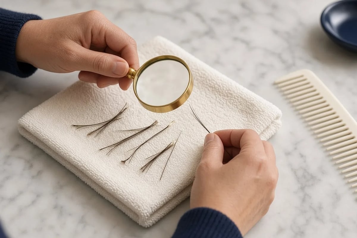 A magnifying glass held over a few hairs on a white towel, to tell broken strands from hairs shed with the root