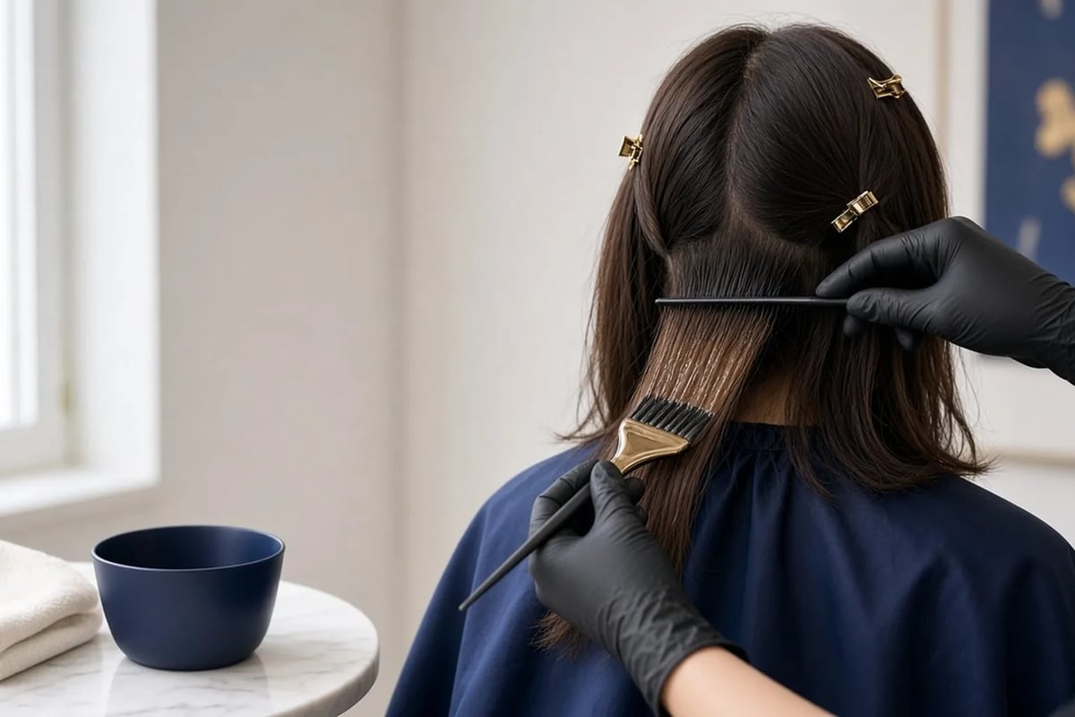 A gloved stylist applying dye with a brush to sectioned hair, keeping it off the scalp as far as possible