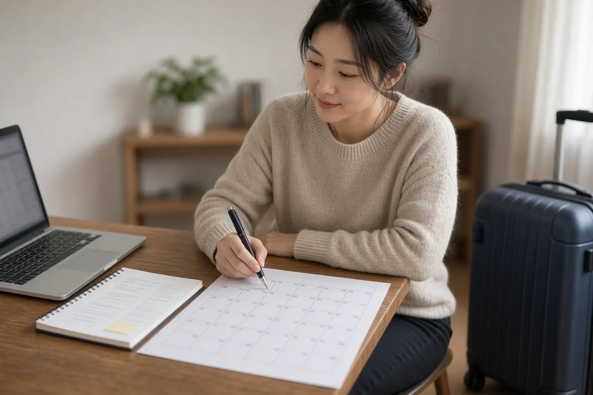 女子坐在桌前在纸质日历上标记日期,身旁有行李箱,桌上放着笔记本电脑和笔记本