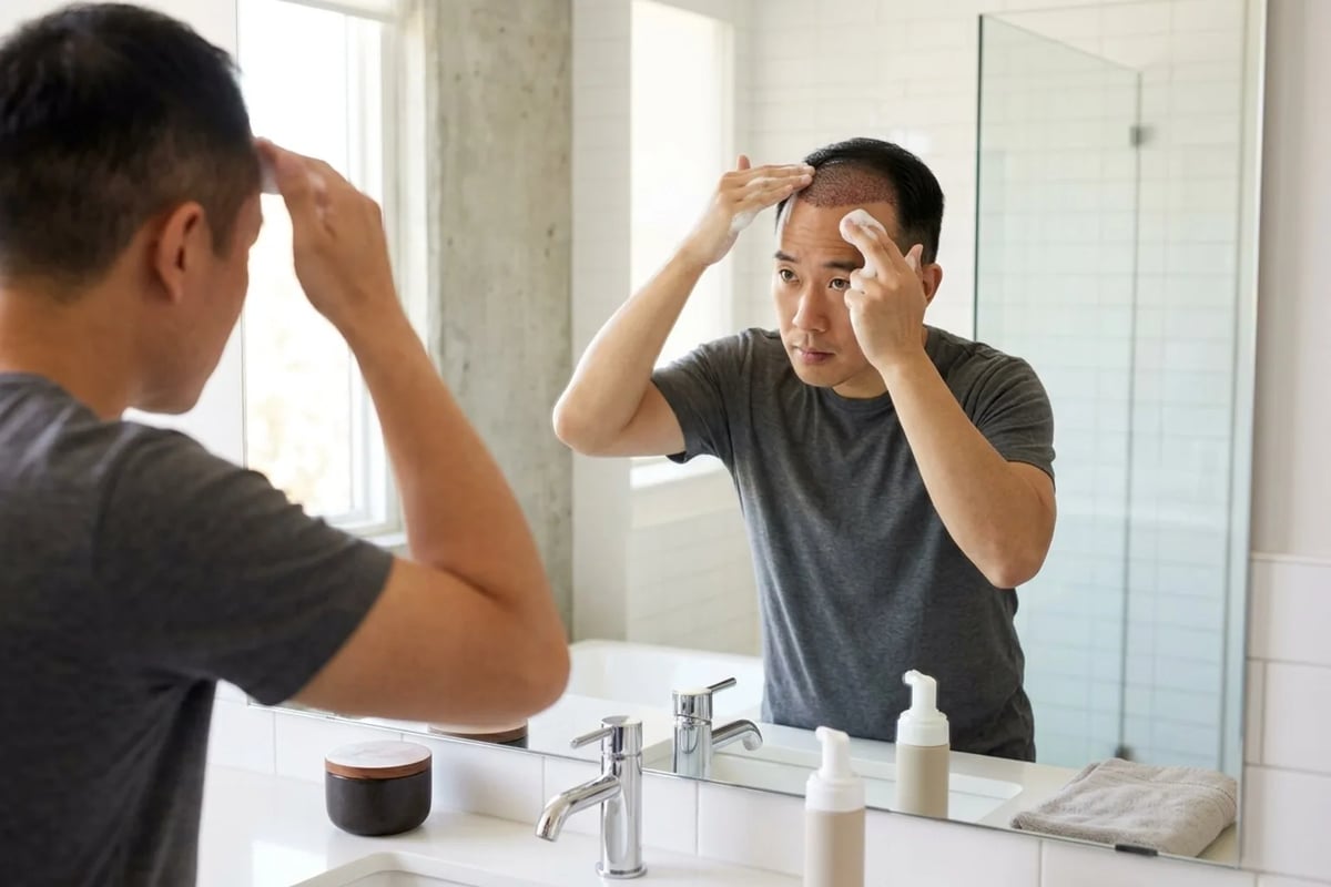 浴室の鏡の前で指の腹を使いキメ細やかな泡で頭皮を優しくケアする様子