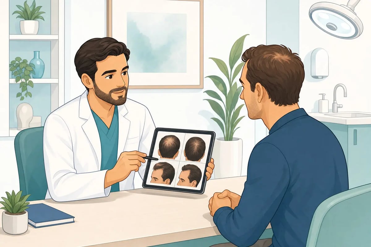 A full consultation first does a loss diagnosis and donor-area check, then discusses grafts and technique