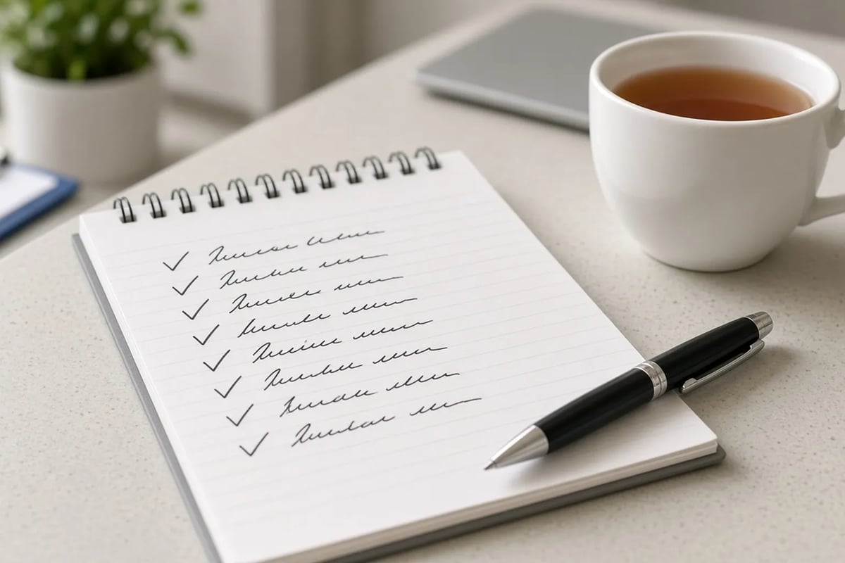 A handwritten checklist notepad, a pen and a cup of tea on a clinic desk