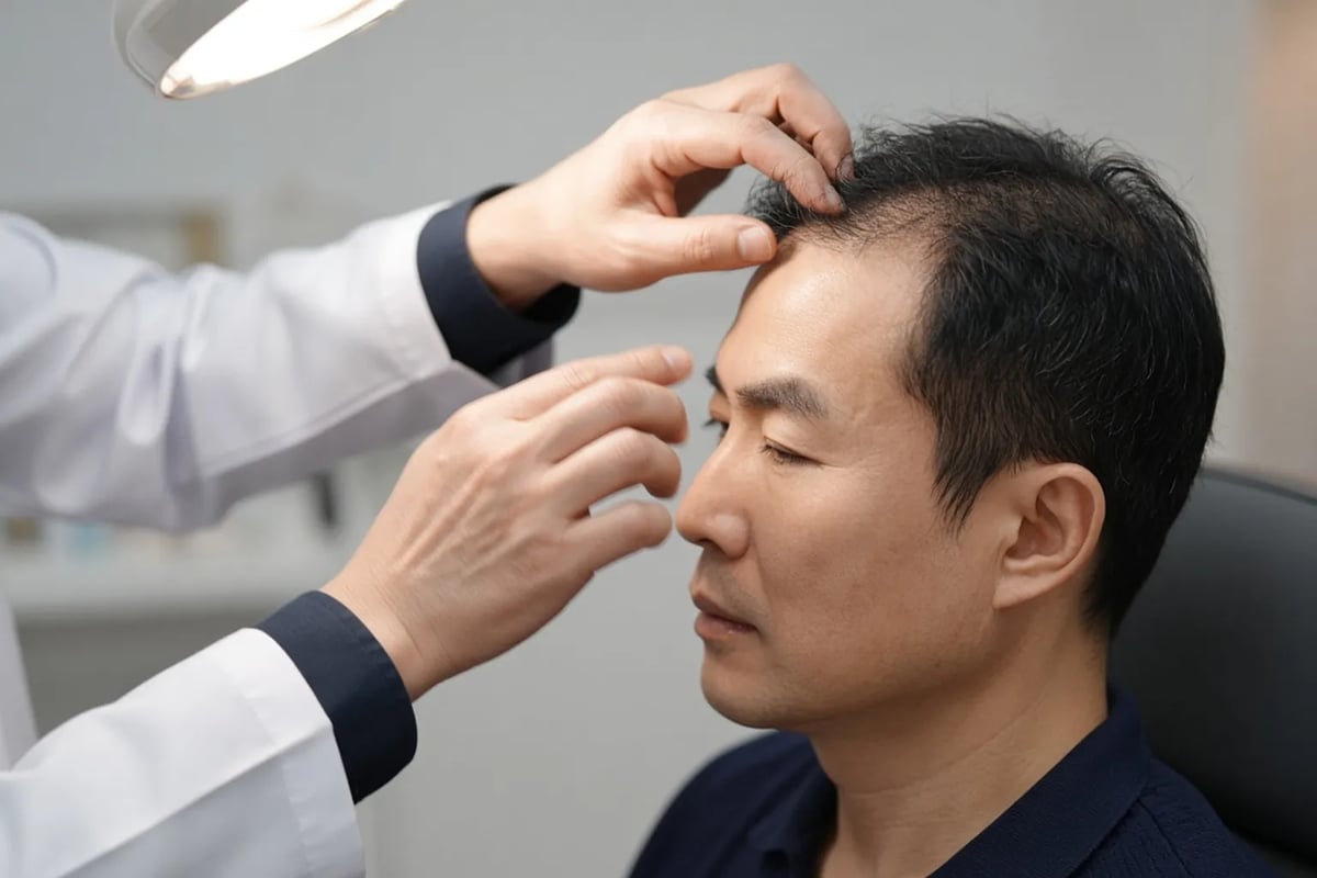 A doctor personally examining a patient's hairline under a lamp