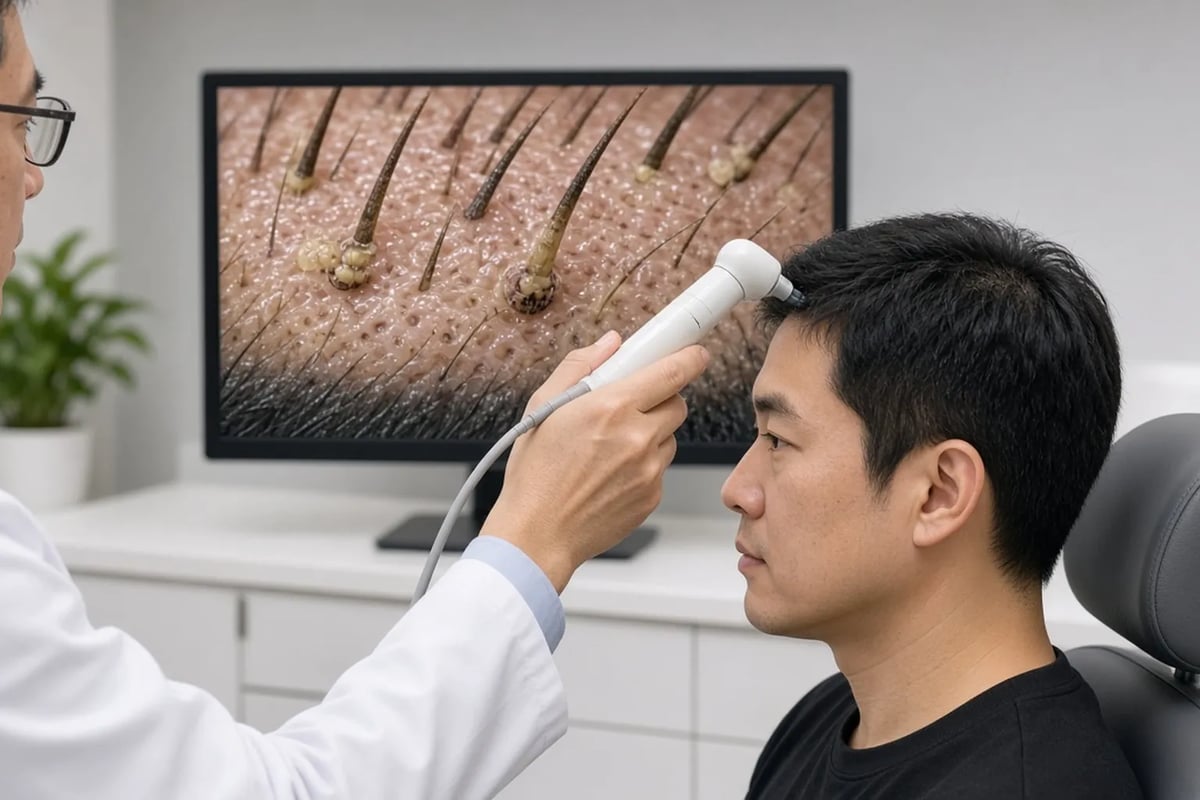 A doctor using a trichoscope on a patient's crown, with a magnified image on a monitor