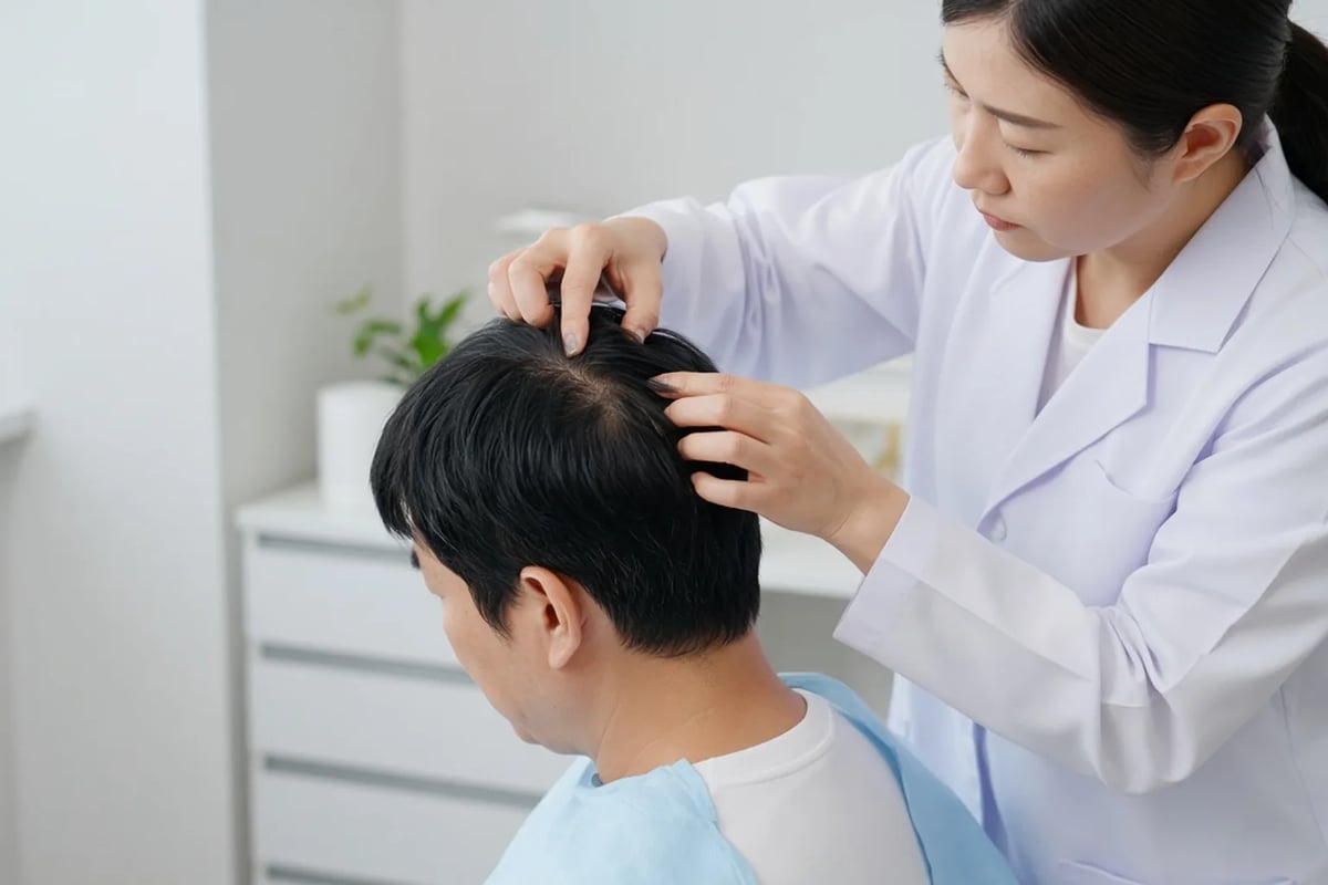 医生检查患者后枕部的头发密度
