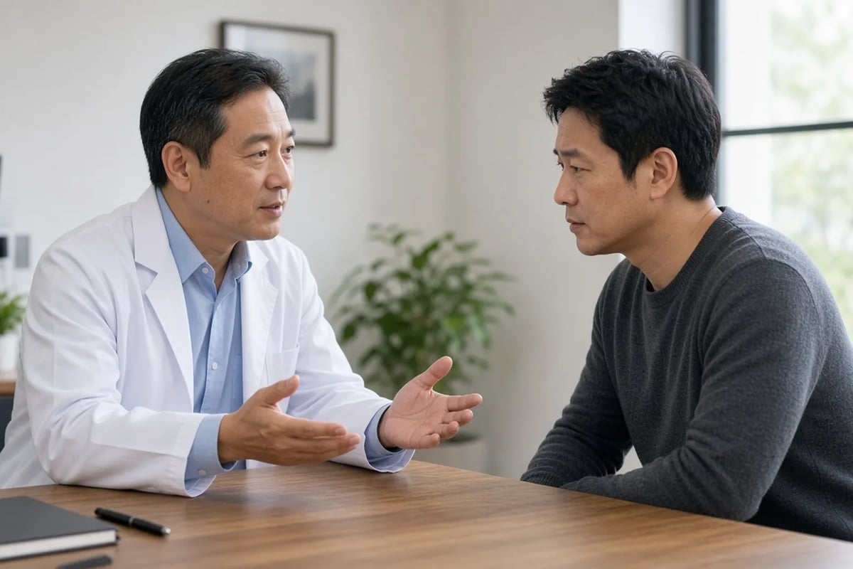 医生隔著桌子向患者耐心说明
