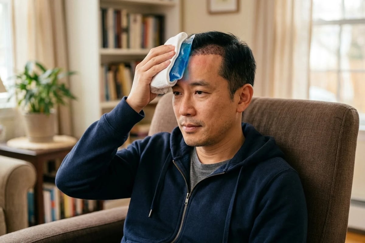 成熟亞洲成年男性以乾淨毛巾包裹冰敷袋於眉骨額頭間歇冷敷