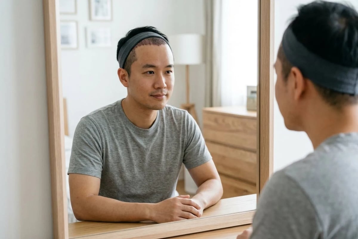 亞洲成年男性術後前額輕微水腫配戴保護頭帶鏡前檢視