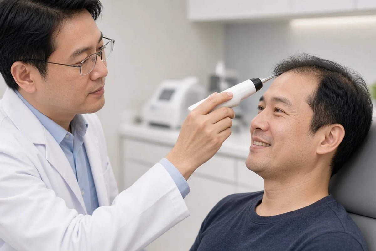 A doctor using a scalp scope at a follow-up visit