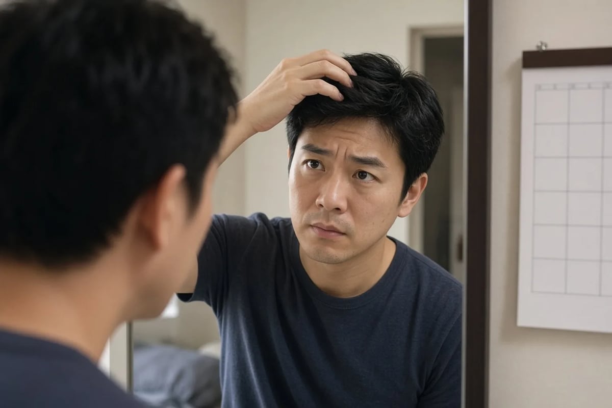 A man checking his hair in a mirror next to a calendar
