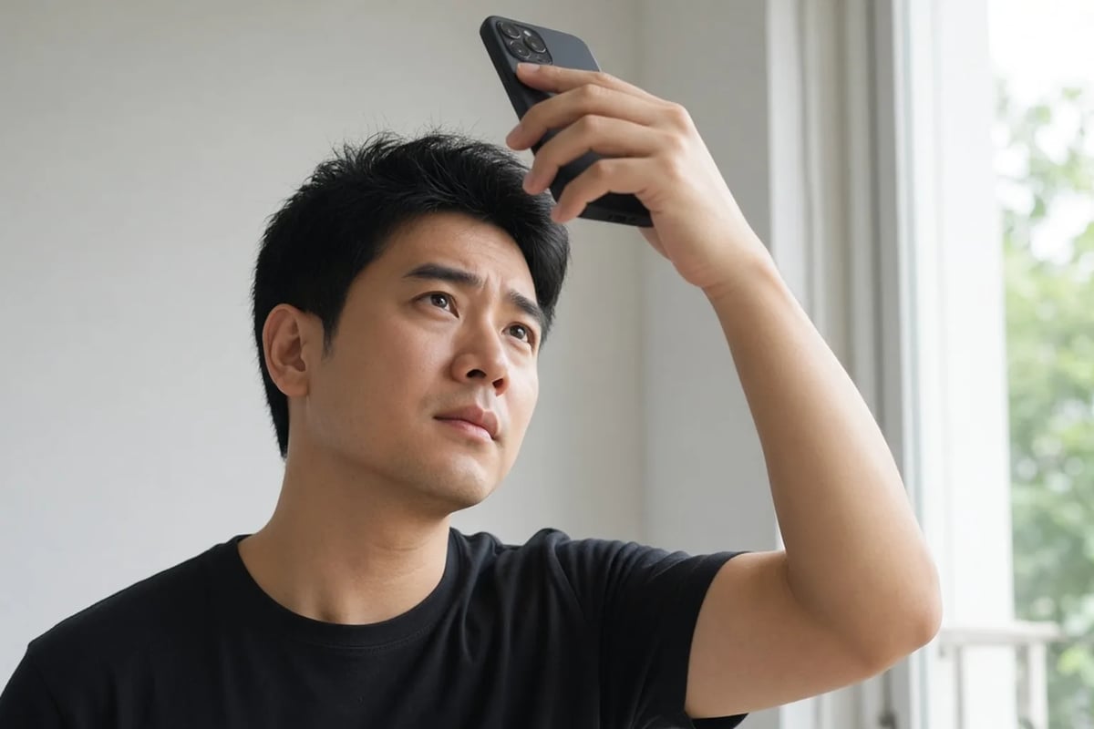A man photographing his own crown with his phone by a window