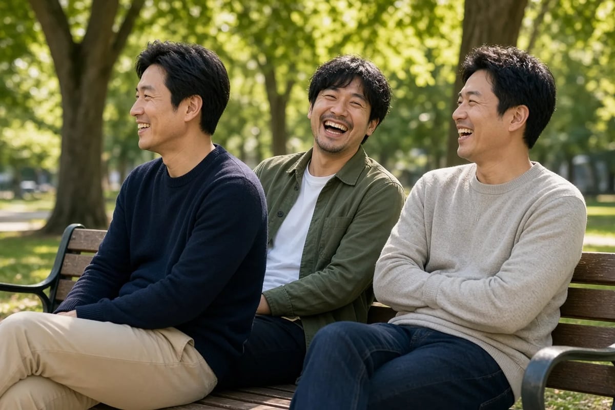 公園のベンチでくつろいで話す3人の友人