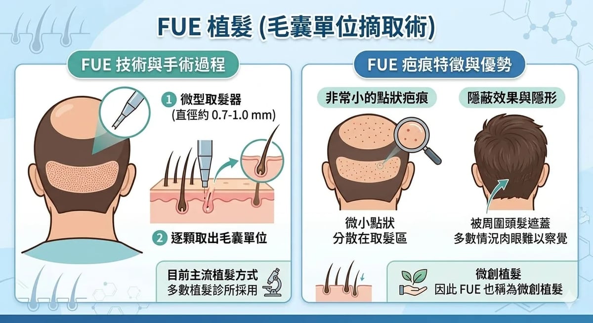 FUE 供髮區常見分散點狀取髮痕跡示意