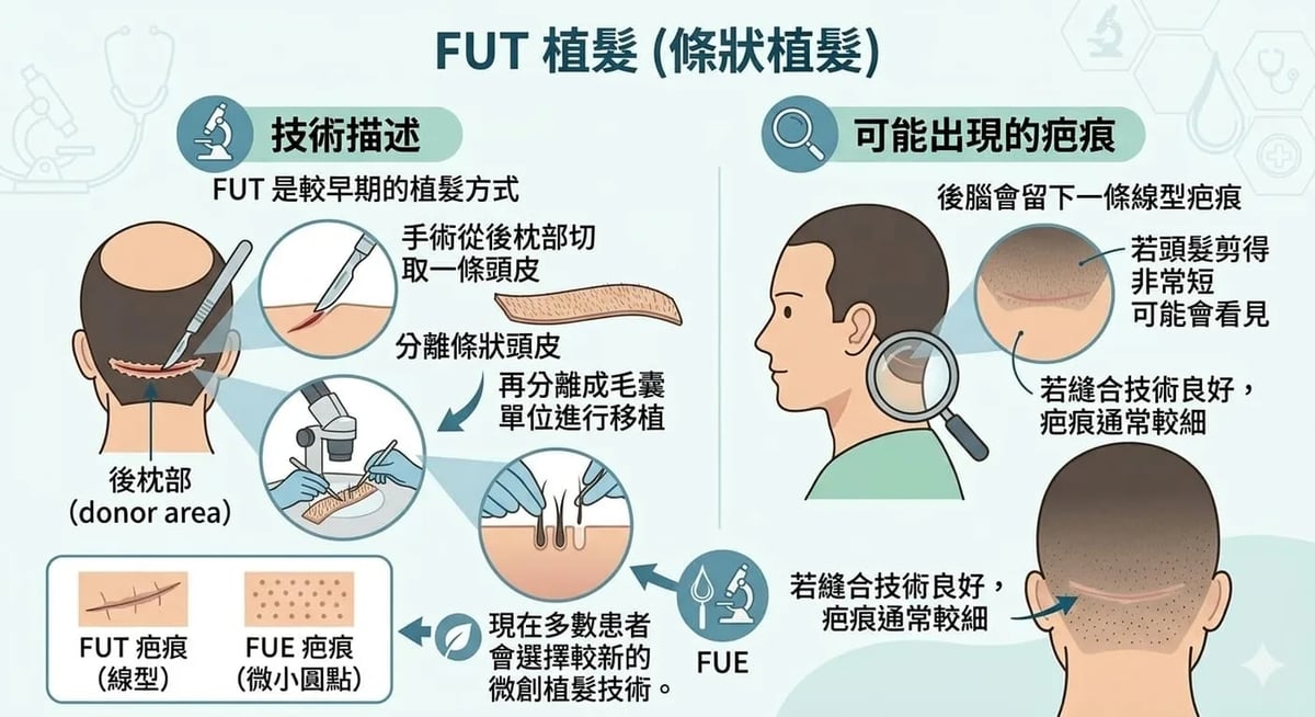 FUT 取髮後後枕線狀疤痕示意