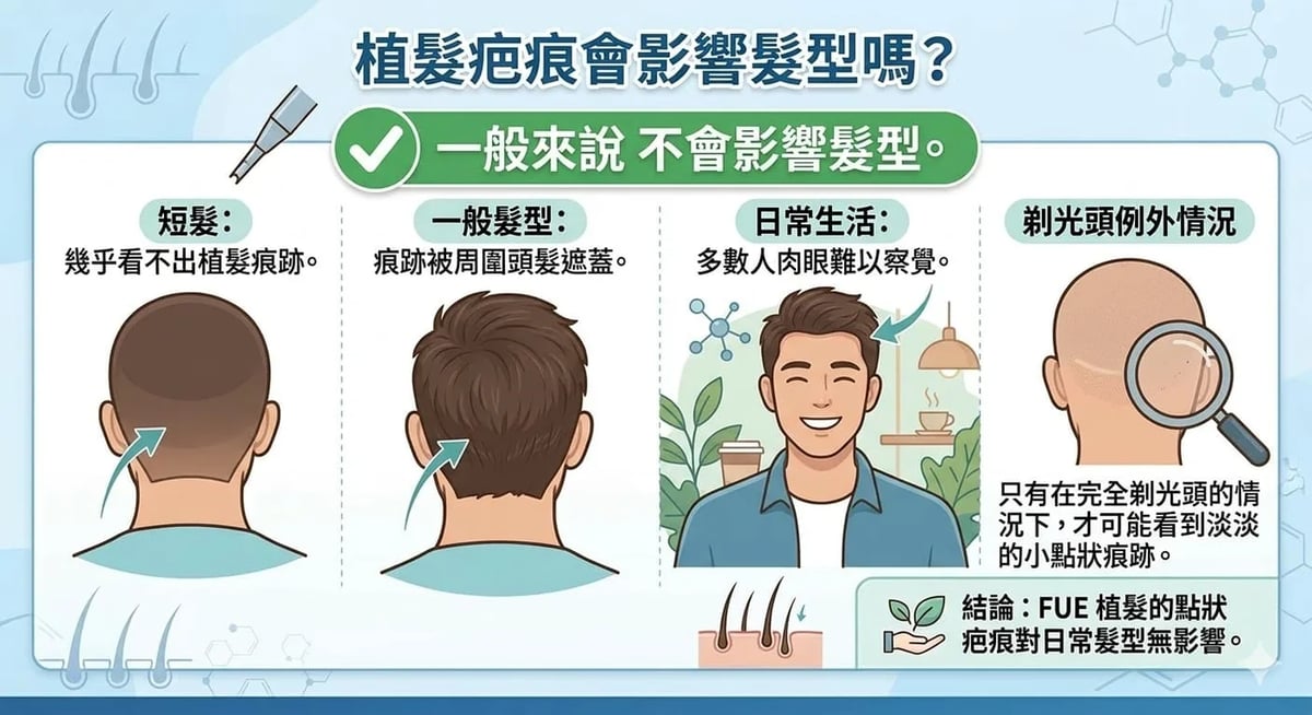 短髮時供髮區疤痕可見度受髮長、膚髮色差同取髮分布影響