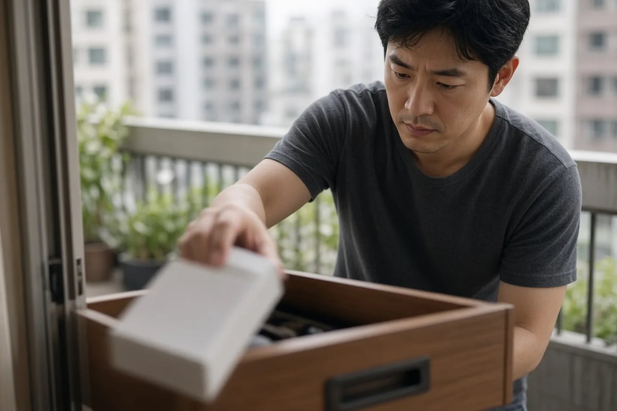 男性在陽台把香菸收起來