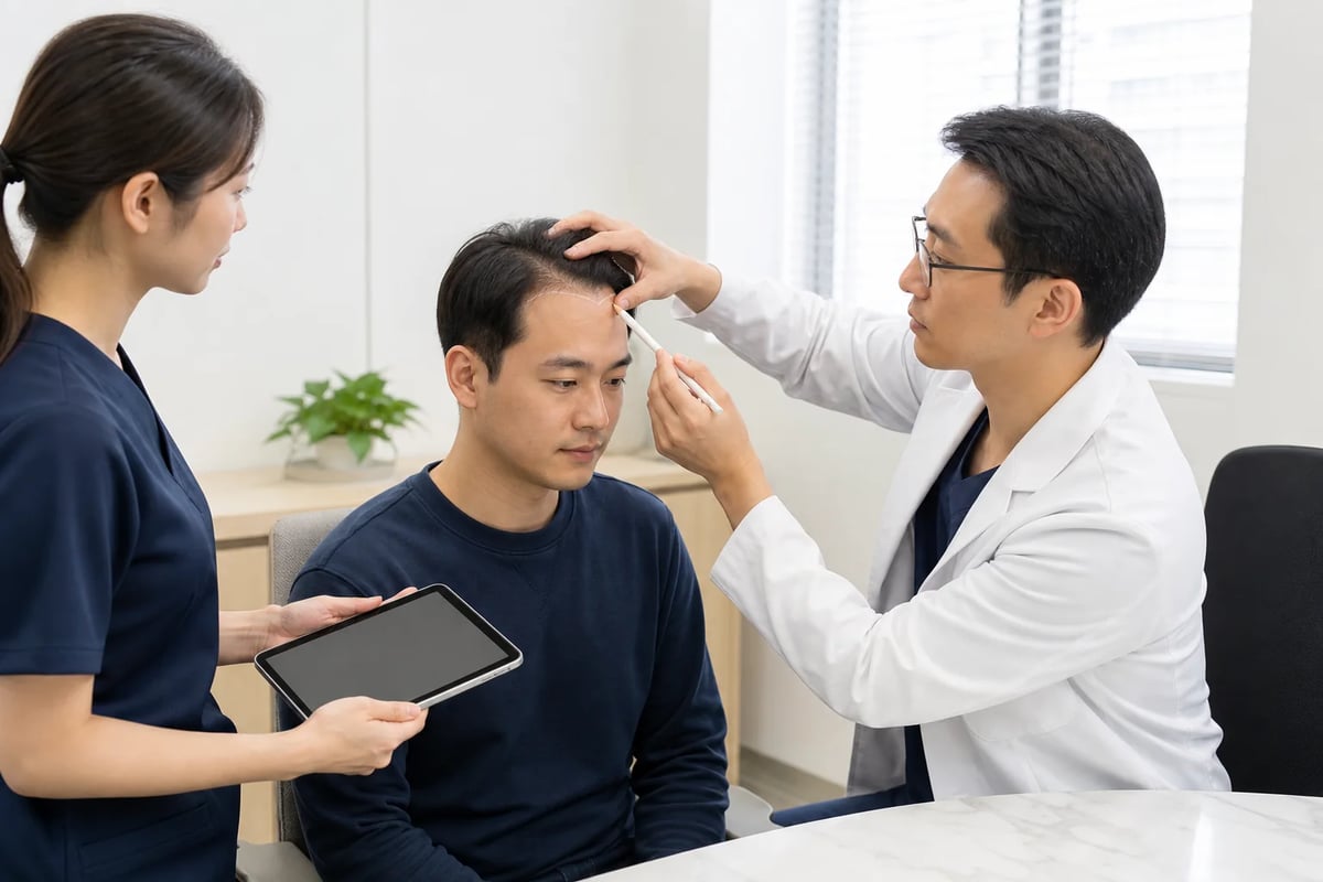 植毛手術前に医師が患者とヘアラインデザインとドナー部を確認