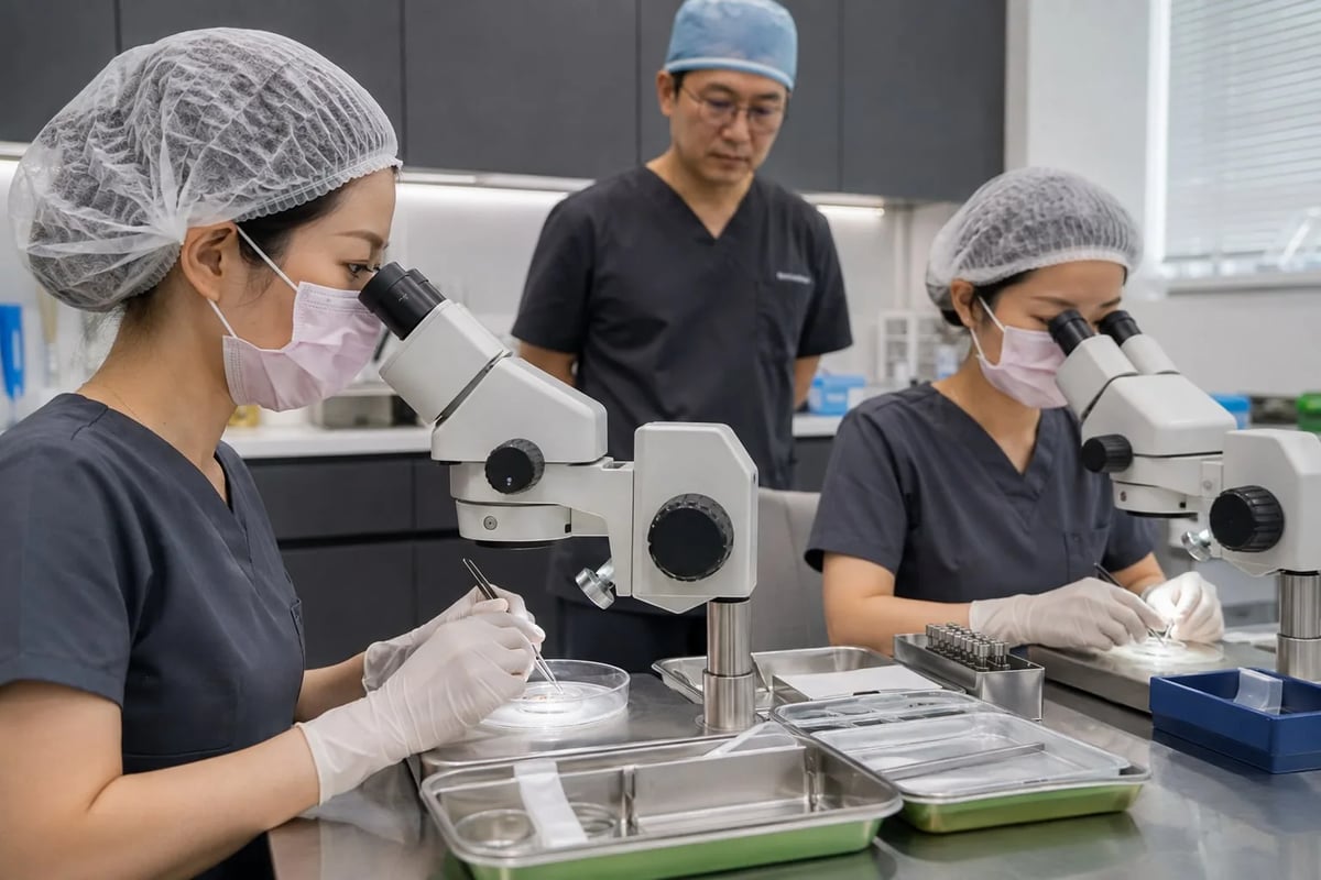 醫療團隊在顯微鏡下整理及檢視植髮毛囊