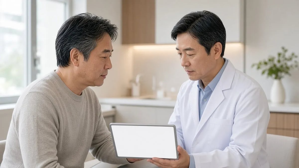 醫生同求診者喺診所討論髮際線高度、額角同供髮規劃