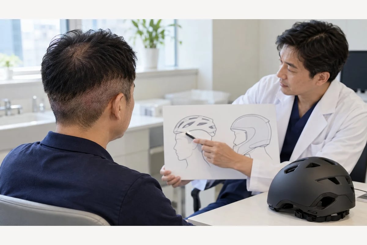 医師と患者が植毛後のヘルメット着用と通勤について相談する様子
