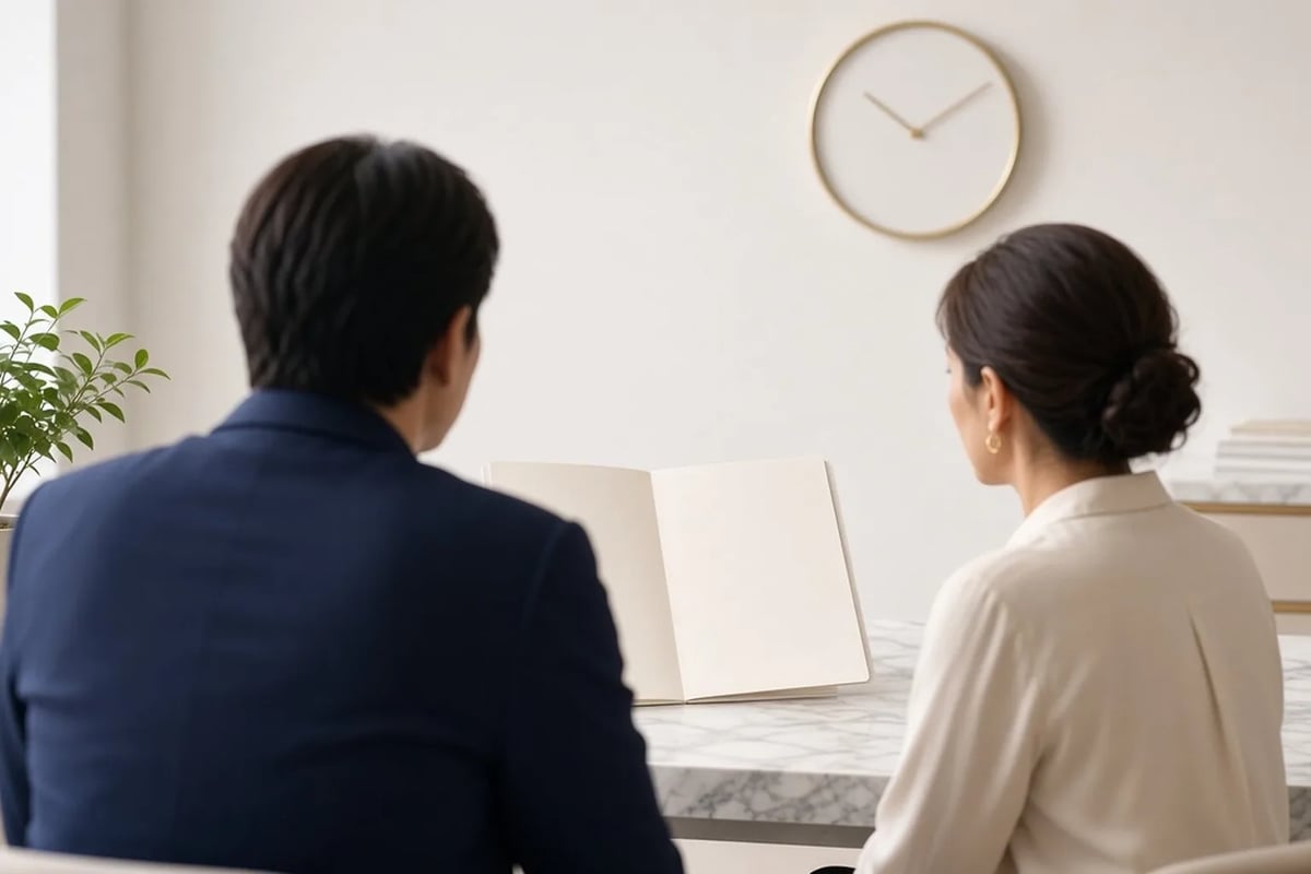 診症室內穿深藍外套的男士與一位女士背向鏡頭，隔着大理石枱面對攤開的空白資料夾