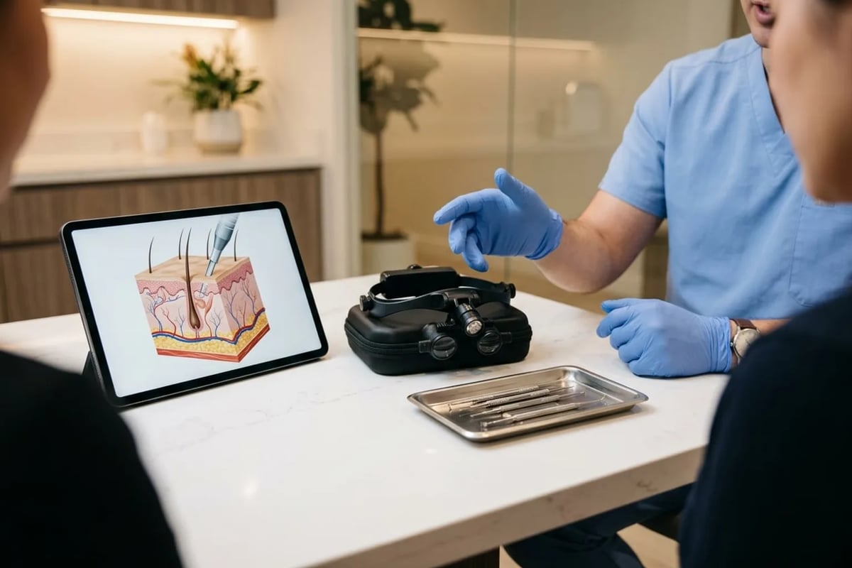Consultation desk displaying surgical loupes, micro-punches, and surgical planning notes