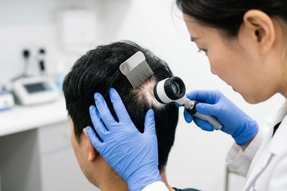 Doctor wearing sterile gloves carefully evaluating donor scalp elasticity and skin texture using trichoscopy instruments