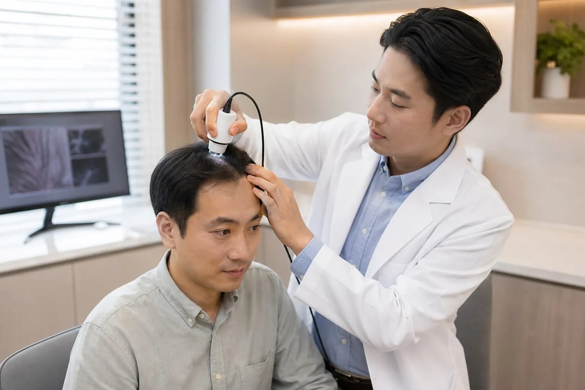 医生使用毛囊镜检查男性发际线和头皮
