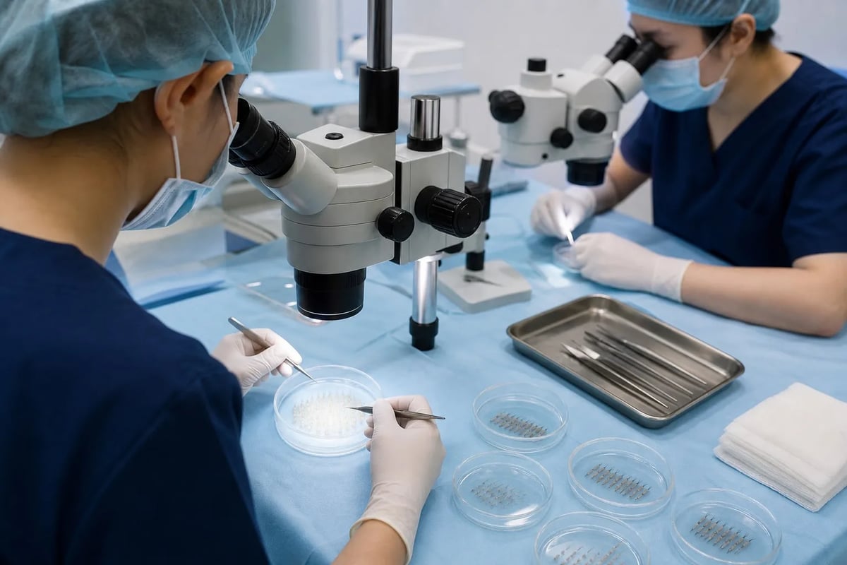 植发团队使用立体显微镜整理和分类毛囊单位