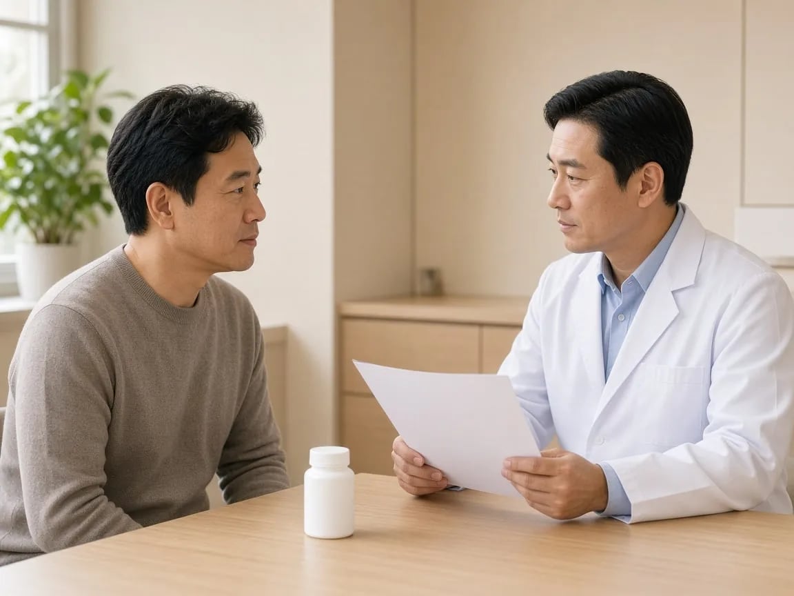 A doctor and patient discussing an oral-medicine plan and follow-up