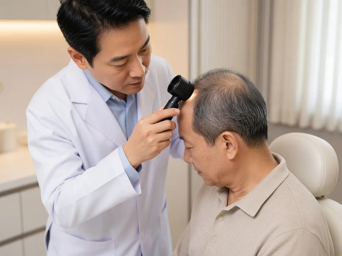 A doctor and patient reviewing hair status and a medication record at follow-up
