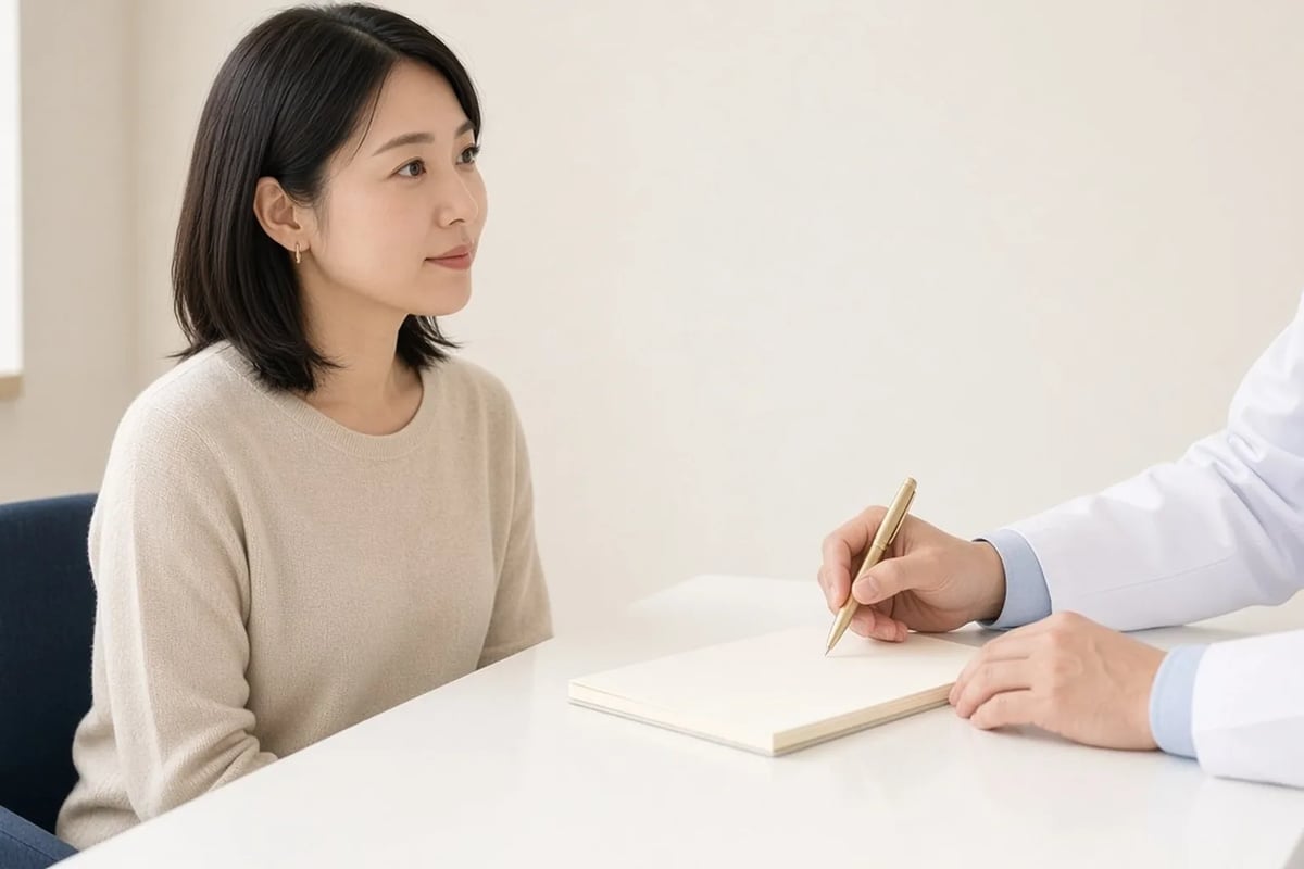 診察室で医師から植毛の評価のポイントについて説明を聞く若い女性