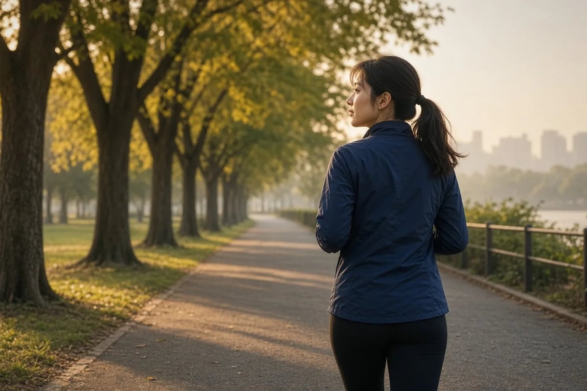 朝の公園を早歩きする若い女性。規則的な運動と生活リズム