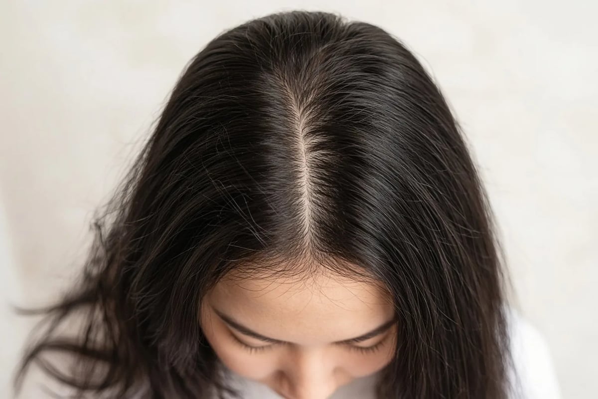 頭頂部の分け目がやや広がった様子。女性型脱毛症でよく見られる変化