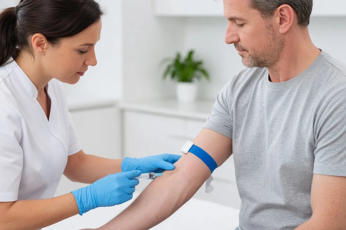 A nurse drawing blood from a man's arm in the clinic