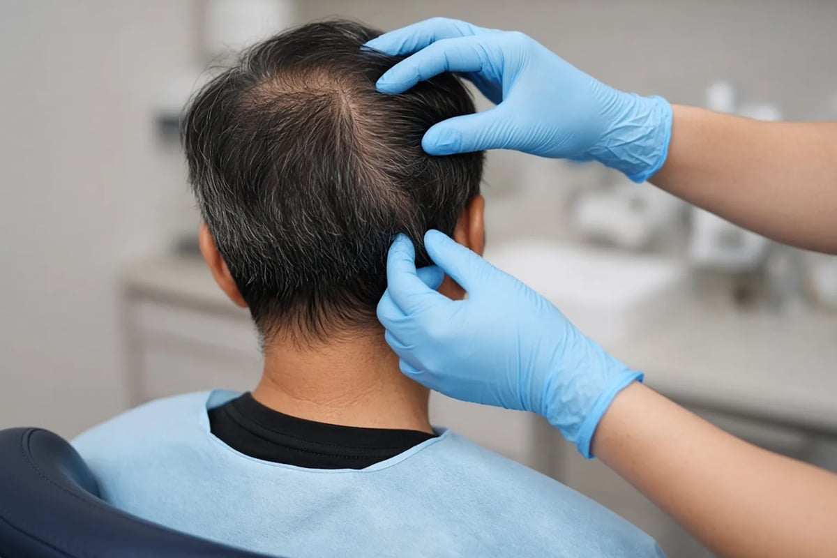 A doctor checking the donor area at the back of a man's head