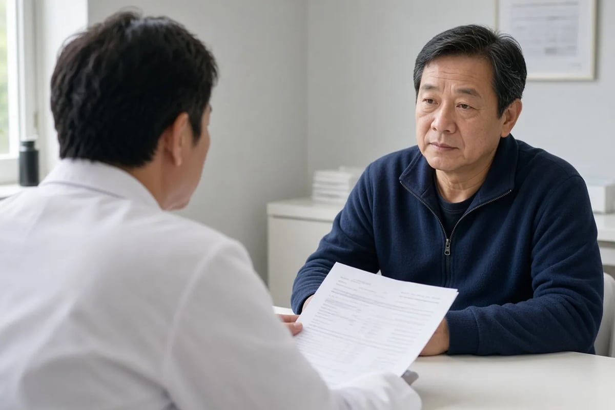 A doctor reviewing a medicine list and health report with a man in his fifties