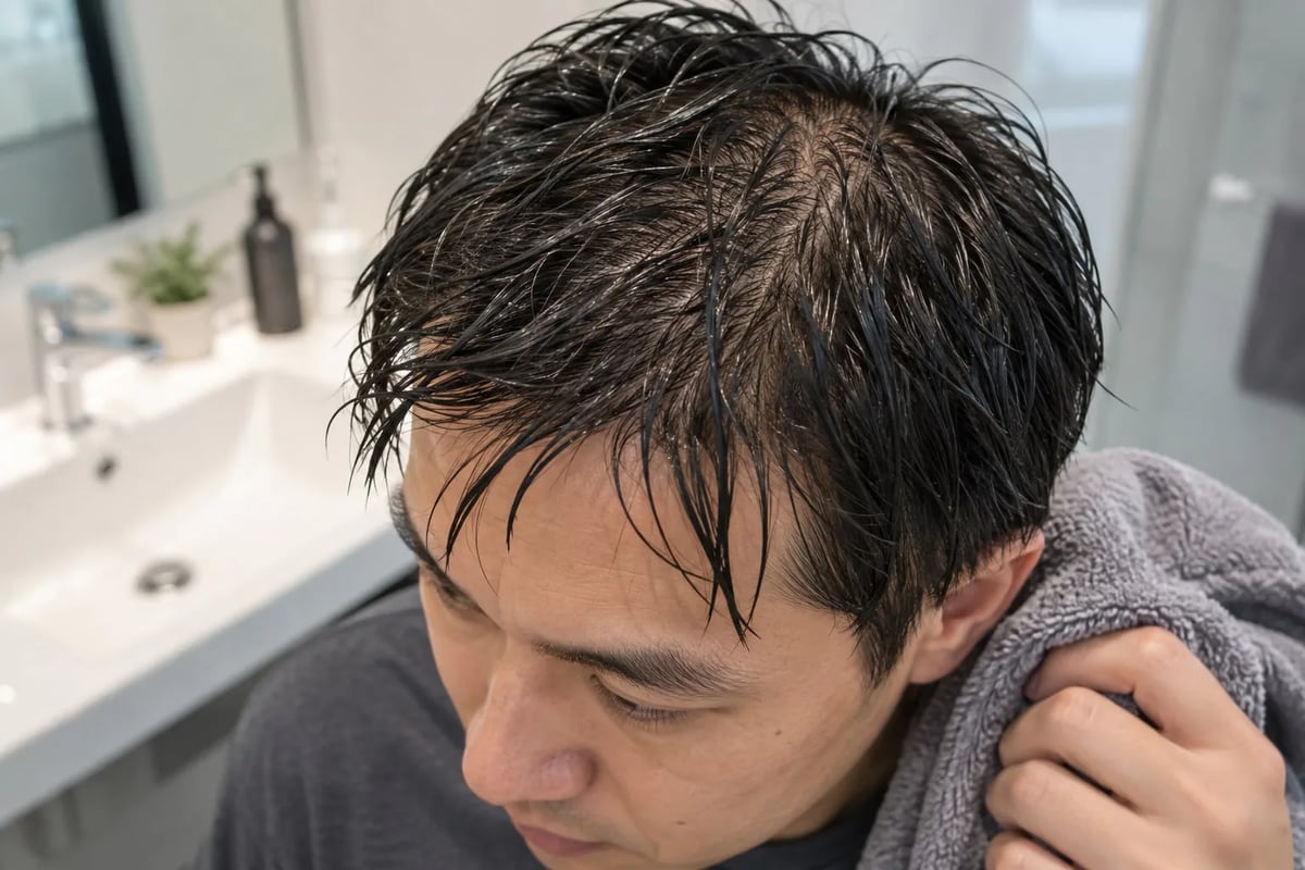 湿发聚成发束时，头皮会比干发状态更容易看见