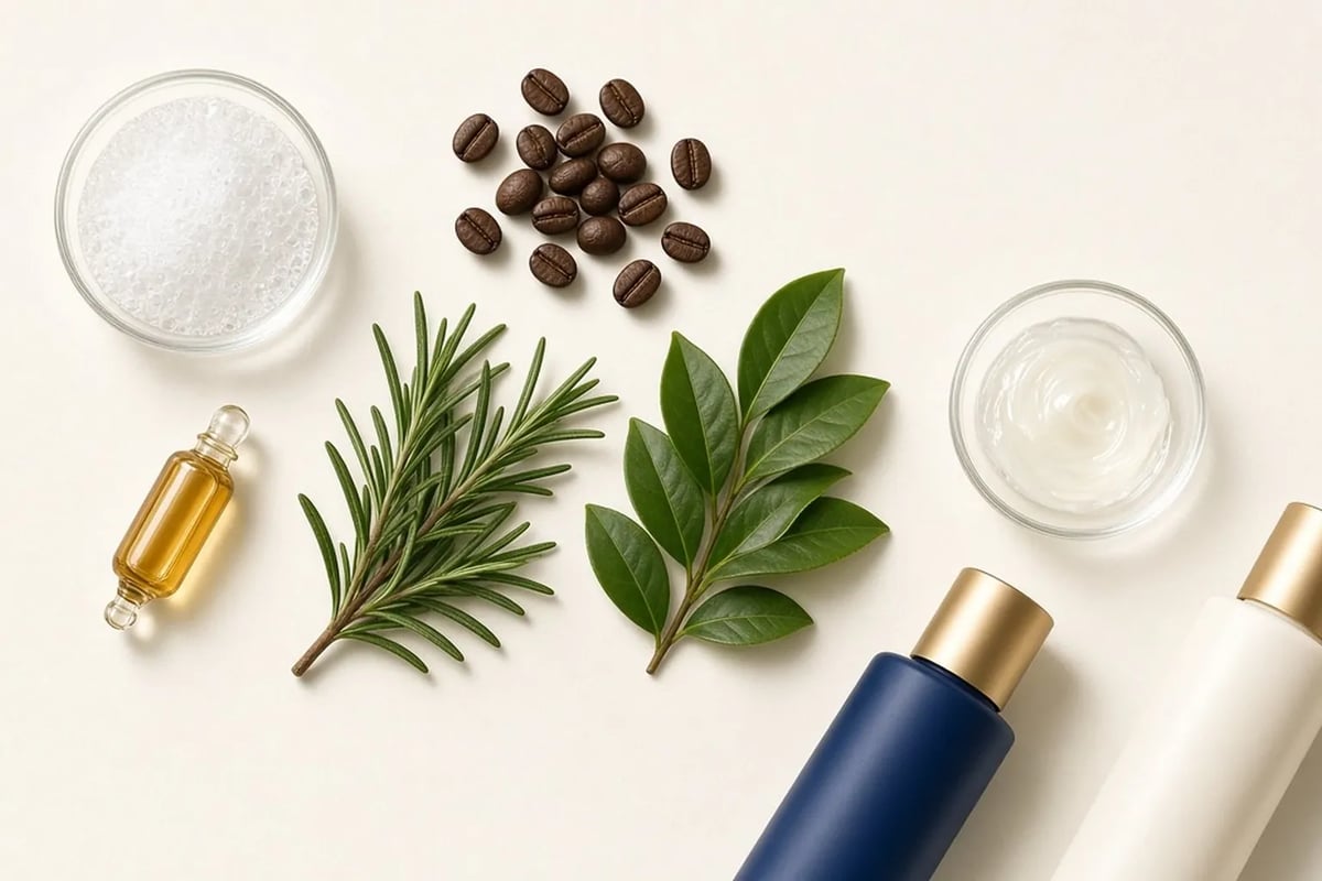 Shampoo foam, coffee beans and rosemary representing common shampoo ingredients