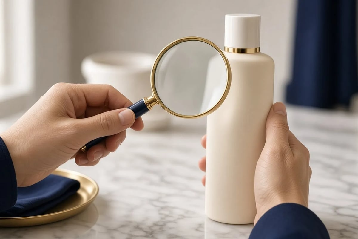 Checking a shampoo label and ingredient list with a magnifying glass