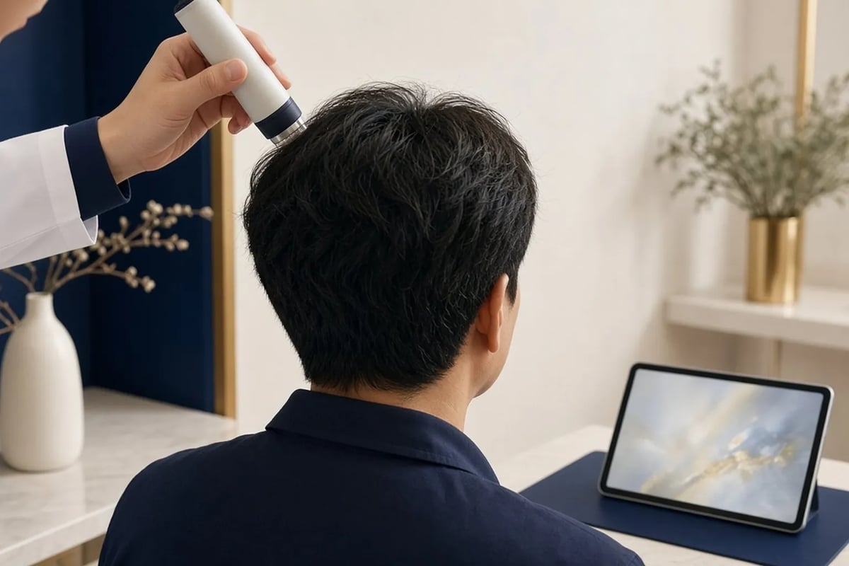 A doctor examining a man's scalp and follicles with a dermatoscope
