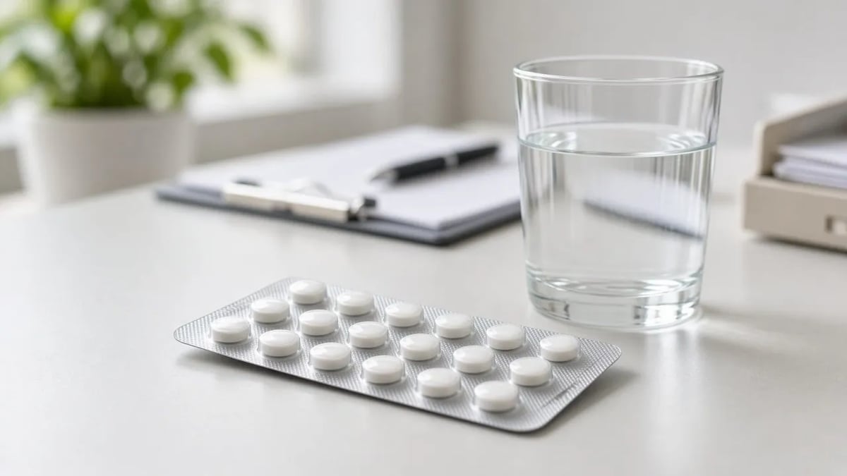 診所桌面嘅口服藥泡殼同水杯,作為用藥討論示意
